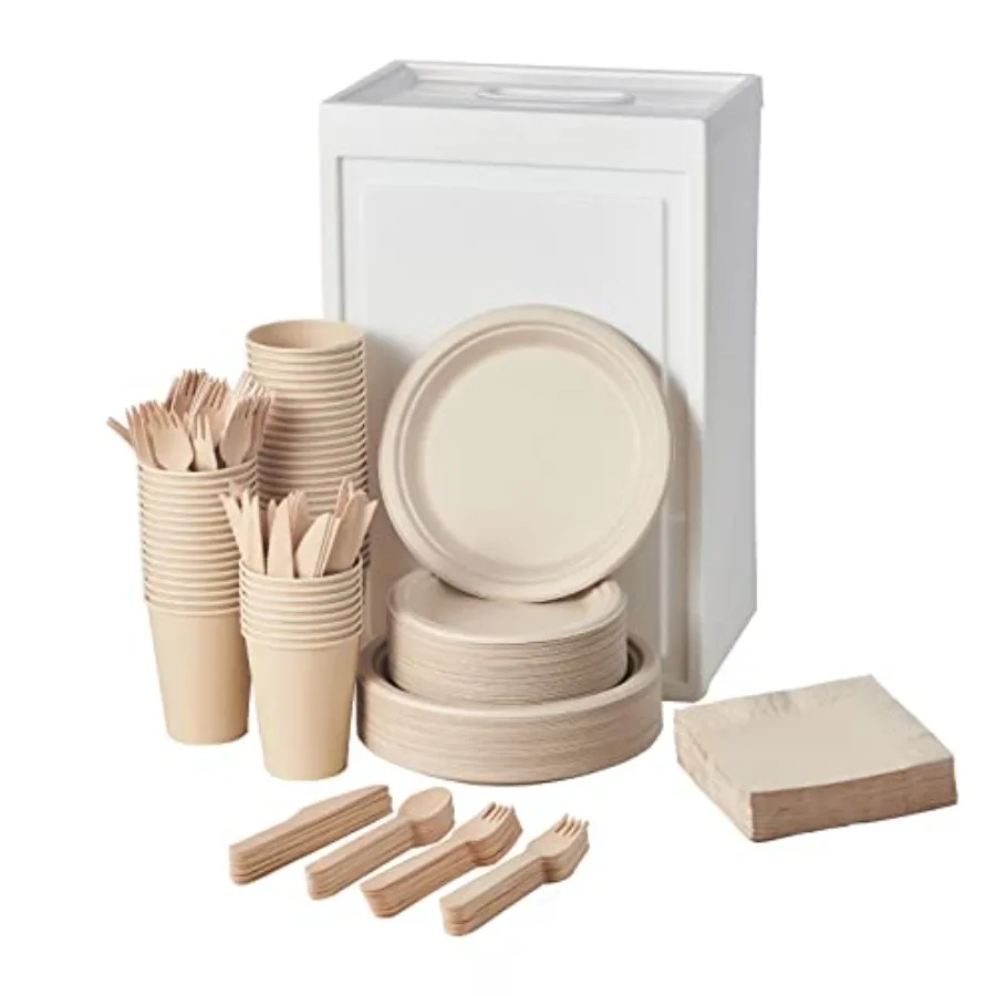 

350Pcs Biodegradable Dinnerware Set - Disposable Dinner Plates, Wooden Cutlery, Napkins - Plant-Based Material, Microwave and F