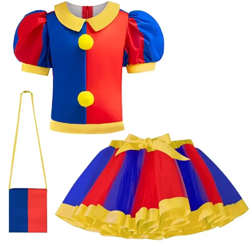El increíble circo Digital Pomni disfraz de Cosplay para niños vestido de princesa para niñas Top + faldas tutú + bolsa + peluca niños Halloween Navidad