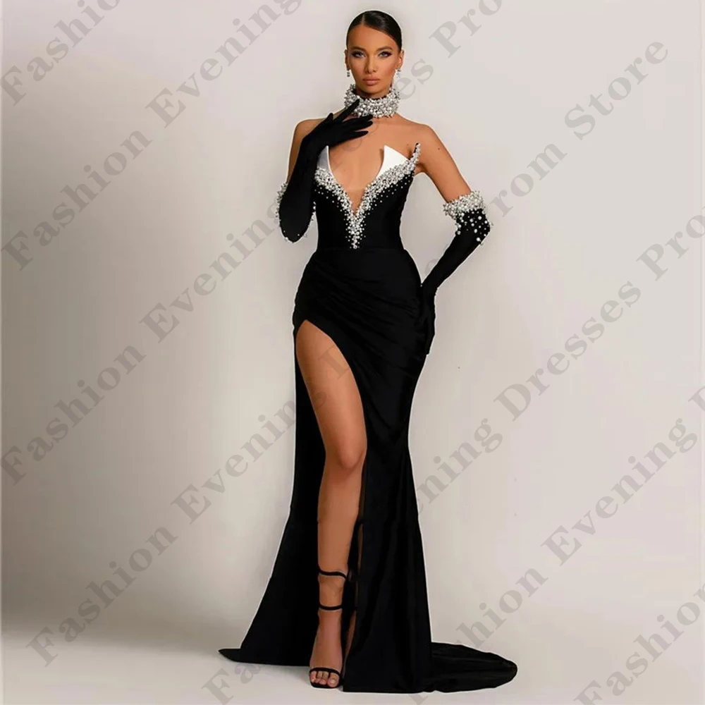 Black Women's V-Neck Evening Dresses Sexy Off Shoulder Side High Split Arab Dubai Handmade Bead String Formal Prom Gowns Robe De