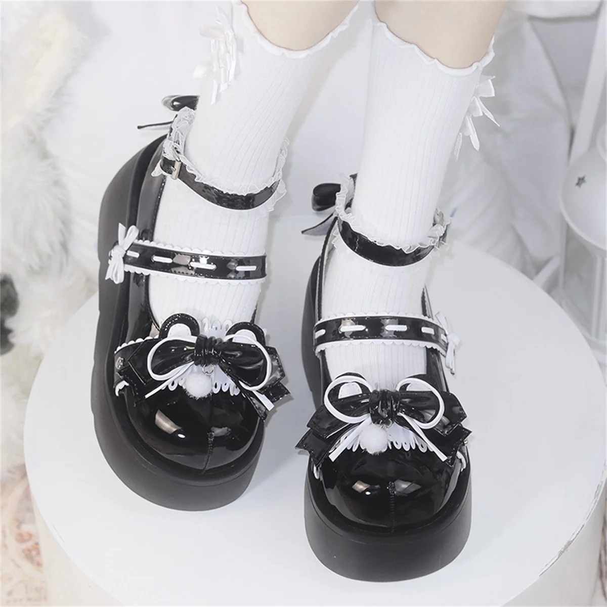 

Sweet Preppy Style Lolita Cosplay Pointed Sandals Thick Bottom Shoes Ribbon Bowknot Hairball Lace Ruffle 4-7cm High Heel Shoes