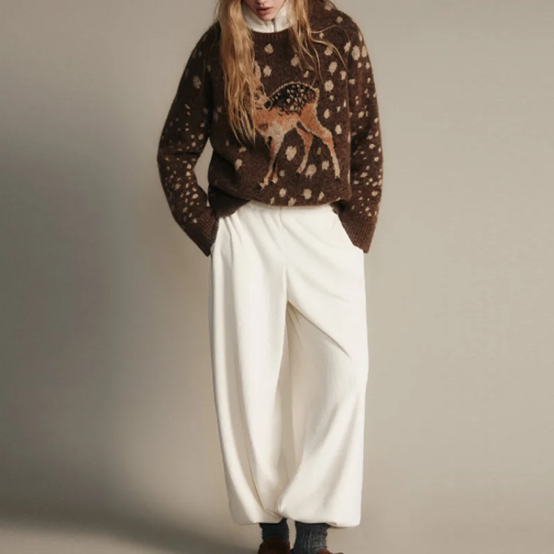 Fashion Brown Deer pattern Dot Knitted Sweater Casual Loose O Neck Full Sleeve Loose TOP 2025 NEW Autumn Lady Commute Outerwear - Detail 1