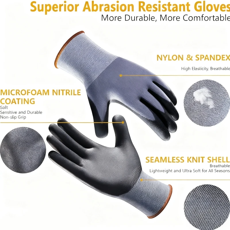 12/6PCS Safety Work Gloves MicroFoam Nitrile Coated Anti Slip Seamless Knit Nylon Gloves for Men Assembly Garden Auto Duty Work