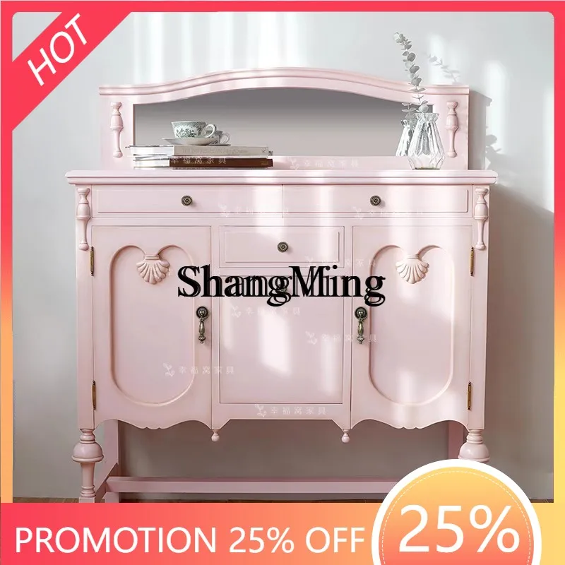 

FG Home Small Apartment Princess Dresser Beauty Cabinet Solid Wood Pink Studio Dressing Table with Mirror