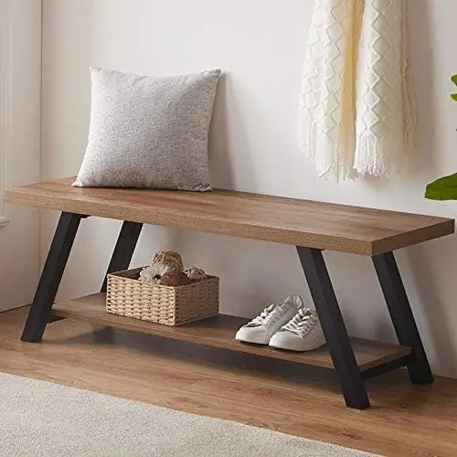 

LVB 47" Rustic Oak Entryway Bench – Wood & Metal Shoe Storage for Living & Dining Room