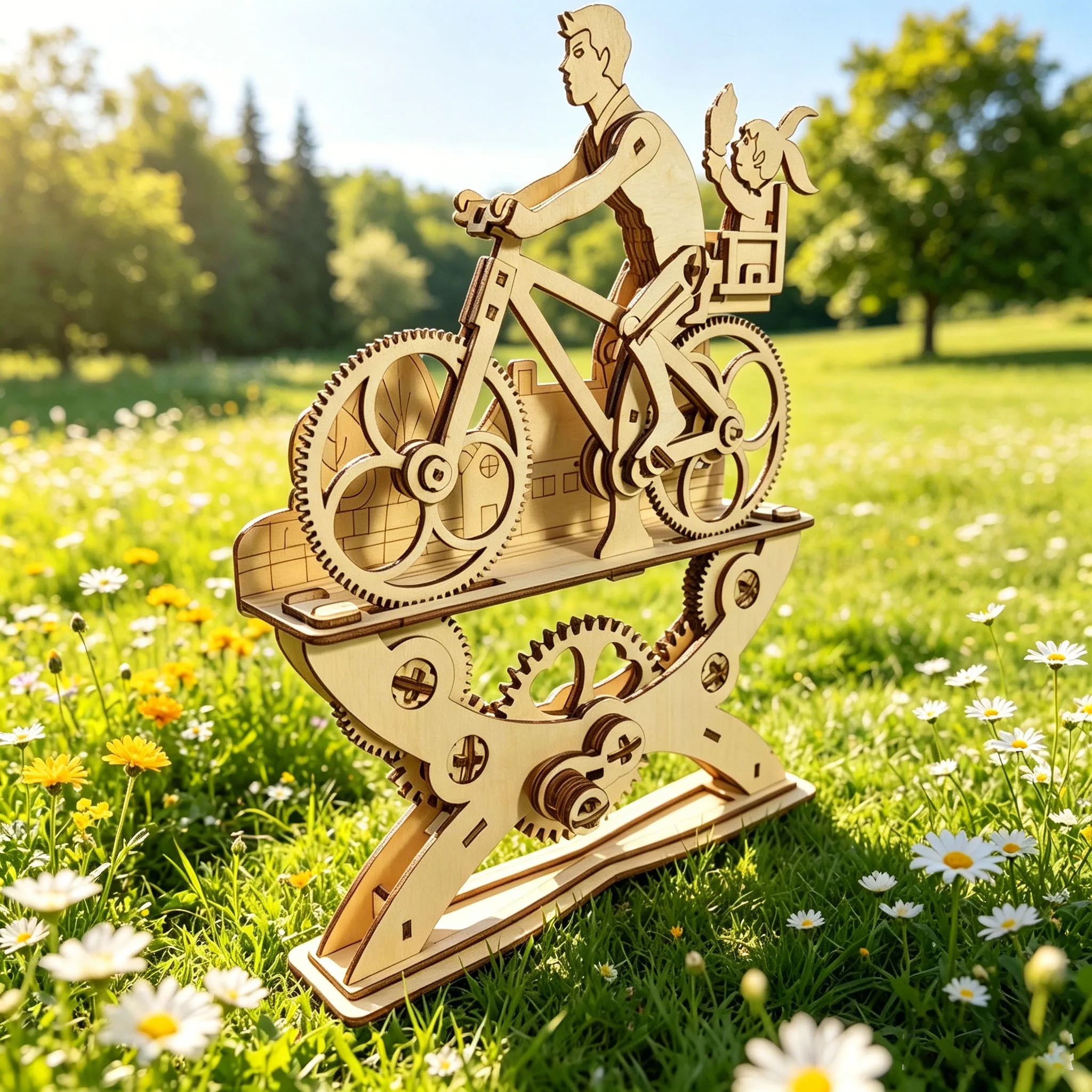DIY 3D Wooden Model Kit: Mechanical-Drive Ornaments Featuring a Father and Daughter on Bicycles