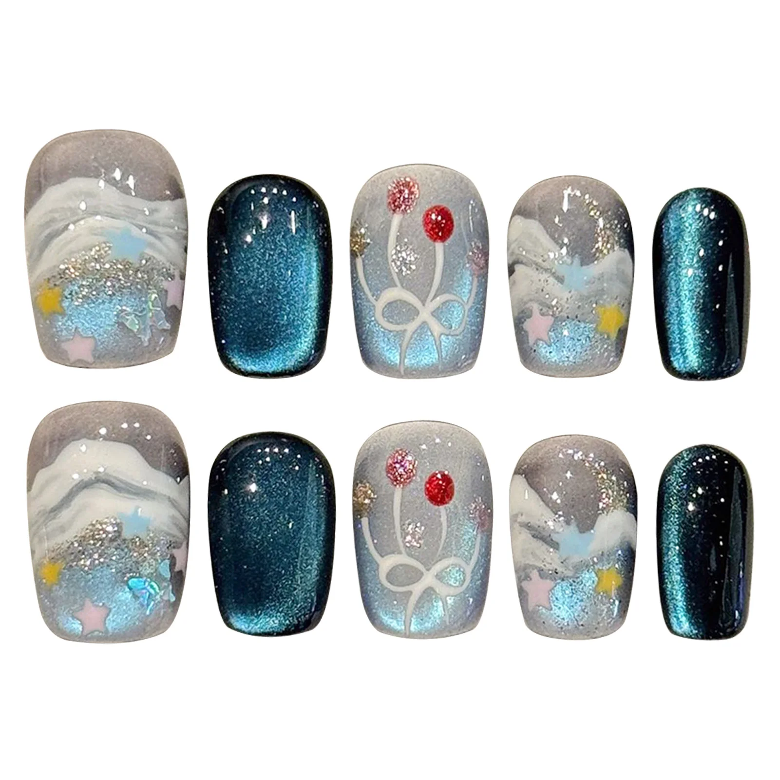 10 pièces presse à la main sur les ongles, faux ongles carrés courts bleus yeux de chat brillants faux ongles portables conceptions d'étoiles de nœud papillon