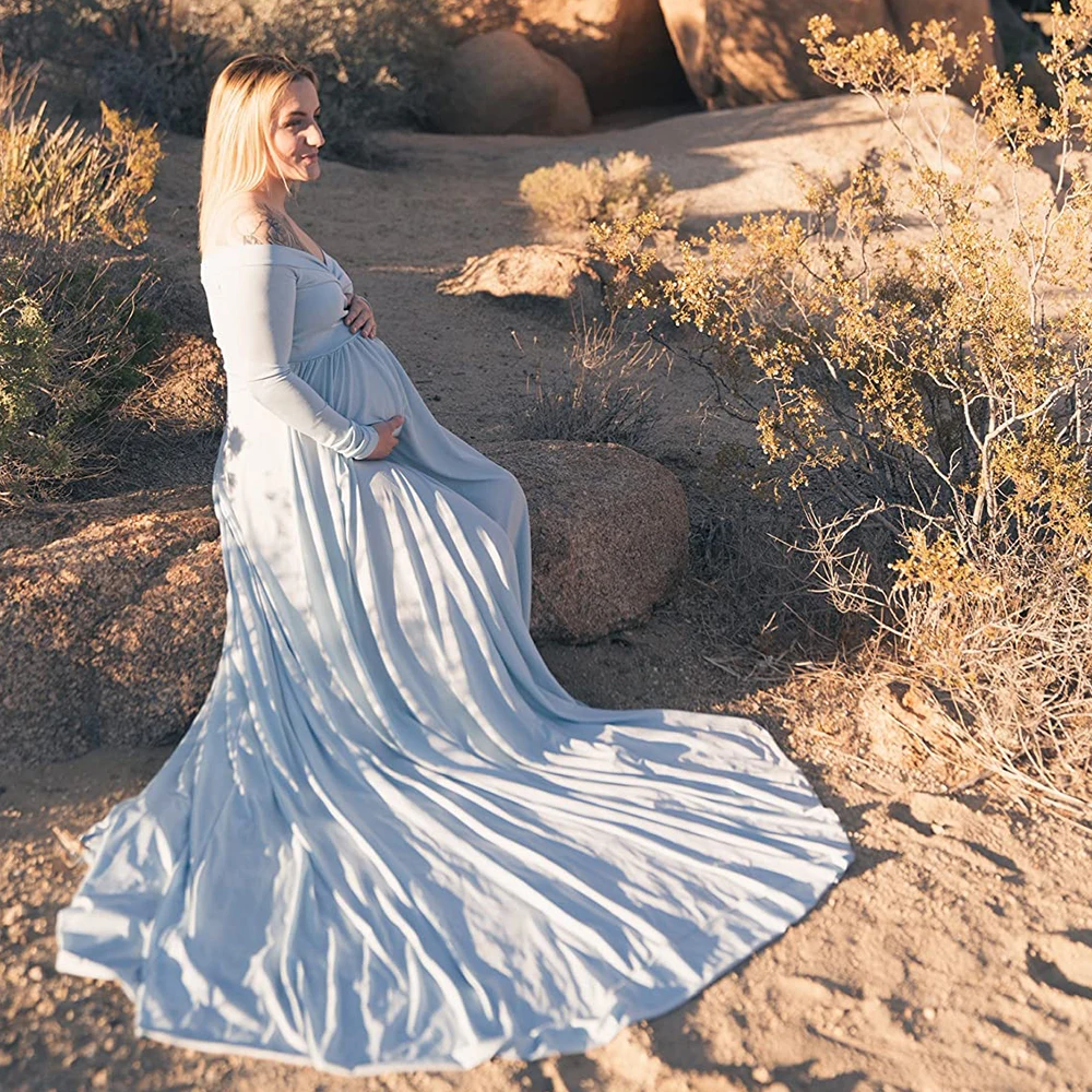 فستان ماكسي للأمهات برقبة على شكل حرف V وأكمام طويلة، فستان أنيق للتصوير الفوتوغرافي للنساء الحوامل