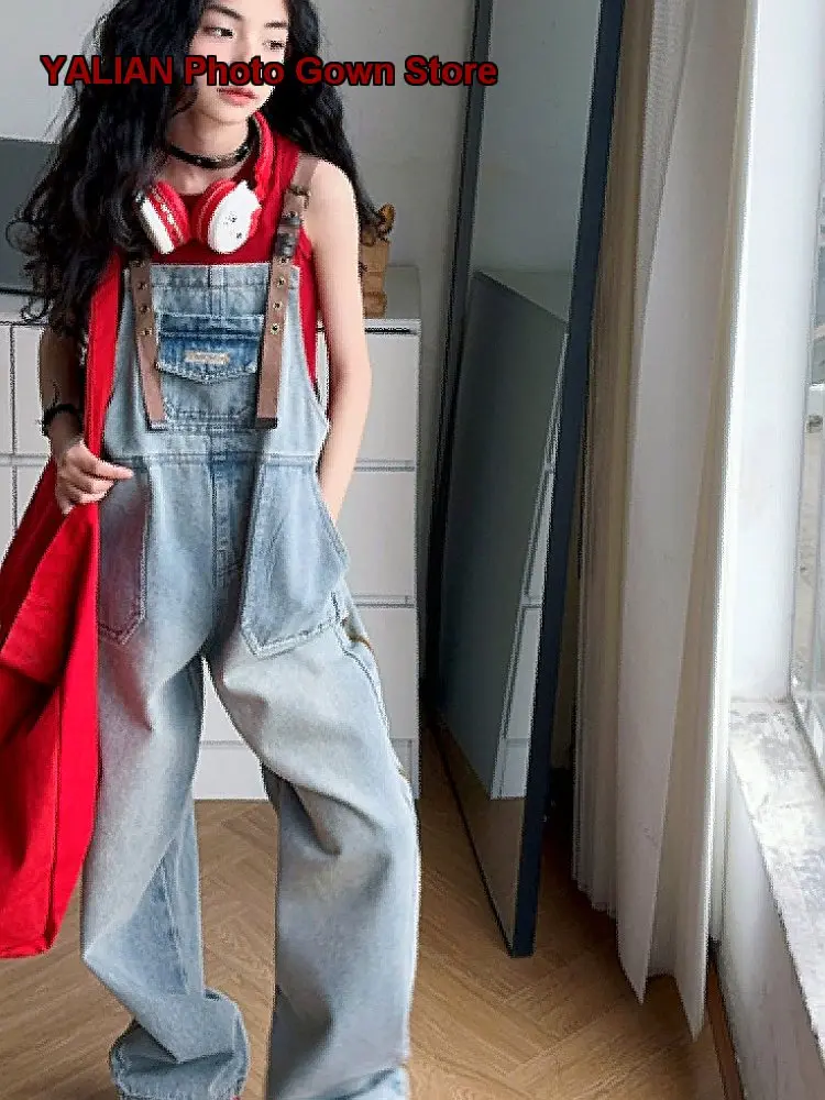 Girls Denim Overalls Kids Summer Embroidered Butterfly Knot Loose Cargo Style