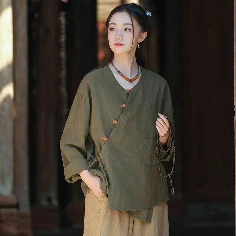 New Chinese Women's Clothing New Loose Retro Slanted Shirt Top Literary Retro Cotton and Linen Cardigan Zen Tea Jacket