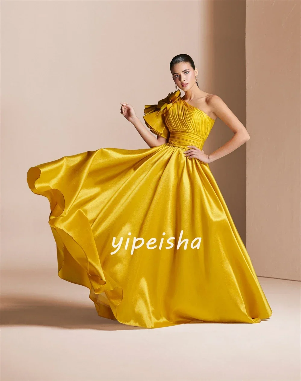 Customized Formal Modern Style Pleat Draped Handmade Flower Ruched A-line One-shoulder Long Dresses Evening Dresses Exquisite