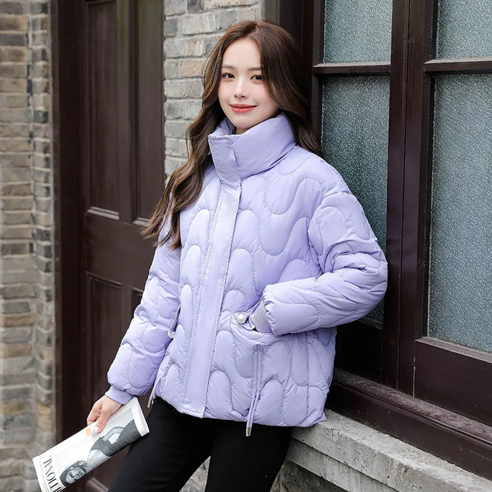 2024New Winter Puffer Jacket Women Fashion Stand Collar Warm Padded Coats Ladies Solid Color Quilted Short Parkas Casual Outwear