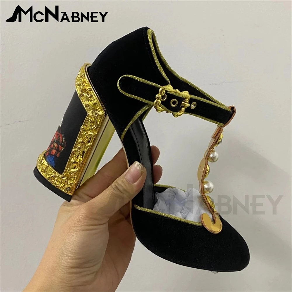 Metal Accessories Velvet Sandals Round Toe Chunky Heel Summer Shoes Pearl Gems Multicolor Super High Heel Summer Shoes New In