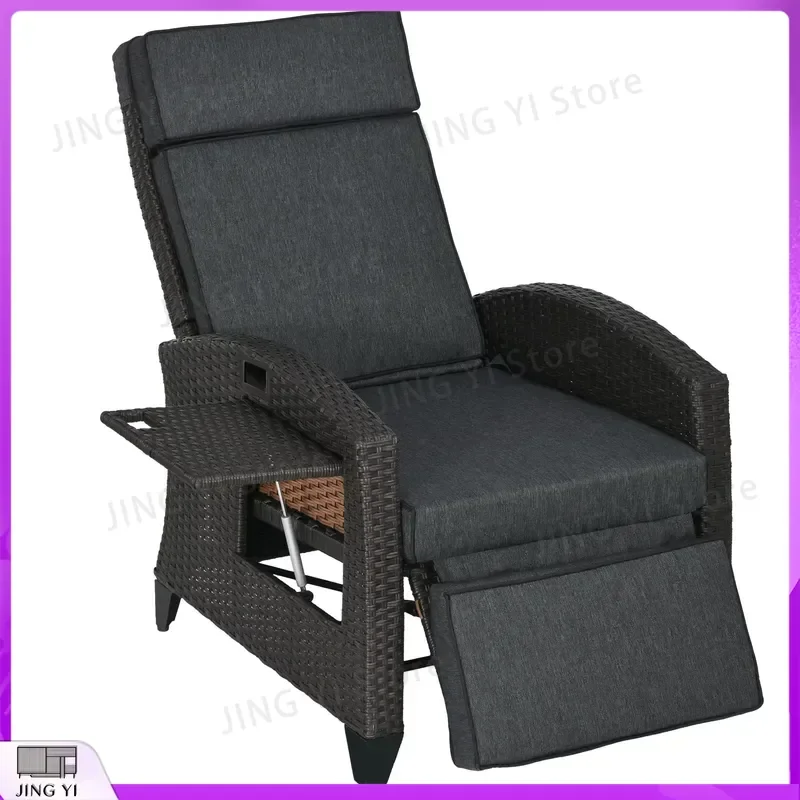 Outdoor Recliner Chair with Cushion PE Wicker Patio Lounge Chair Adjustable Footrest Armrests Sun Lounger Beach