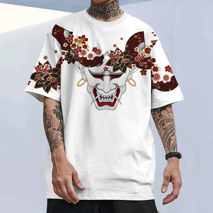 Men's Japanese Hannya Mask T-Shirt, Sakura Cherry Blossom Art, Quick Dry Breathable Streetwear for Summer Casual Wear
