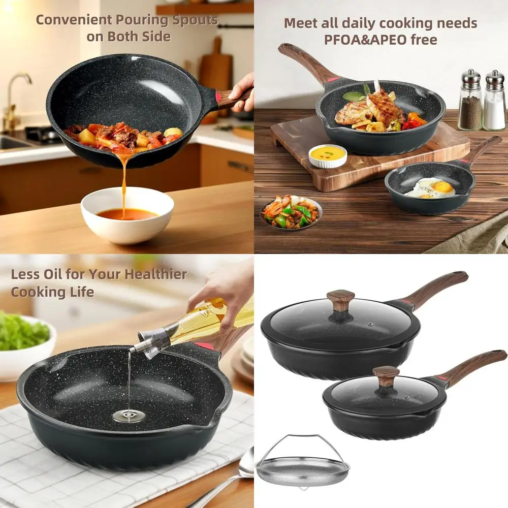 

Ceramic Nonstick Frying Pan Set: 10 & 12 with Lid, Deep & Saute Pan, Heat Indicator, Induction-Ready