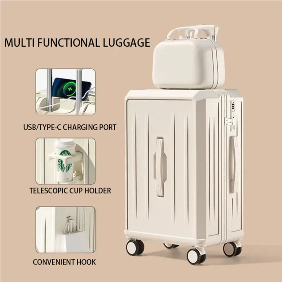 New combination luggage with USB charging port and cup holder, large capacity pull rod luggage