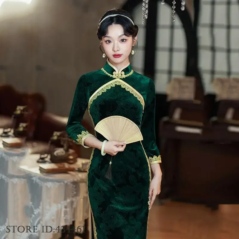 

Классическое платье в китайском стиле, велюровое длинное платье Cheongsam, сексуальное кружевное платье Ципао с разрезом, женское тонкое платье большого размера, восточный костюм, платье ханьфу