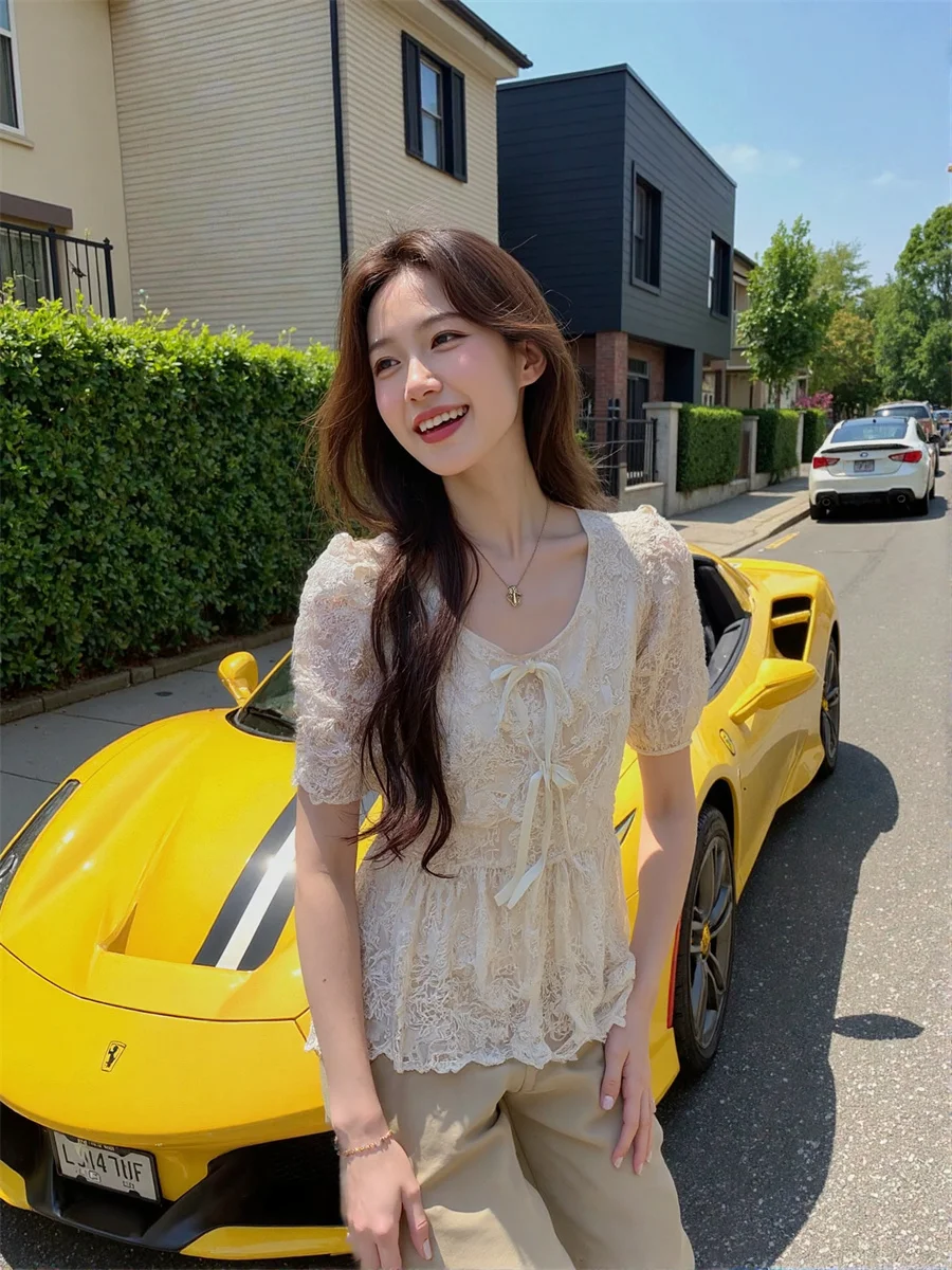 Chemisiers à manches bouffantes et col rond pour femme, haut élégant, populaire d'hiver, ajouré, sans manches, boucles solides, dos soigné, école, respirant