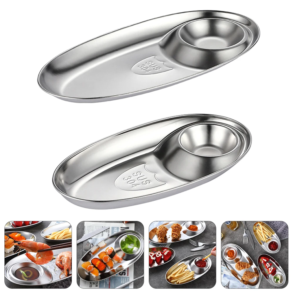 

2PCS Stainless Steel Sauce Dishes Condiment Containers Dipping Bowls Tray Section Serving Small Plates Kitchen Use