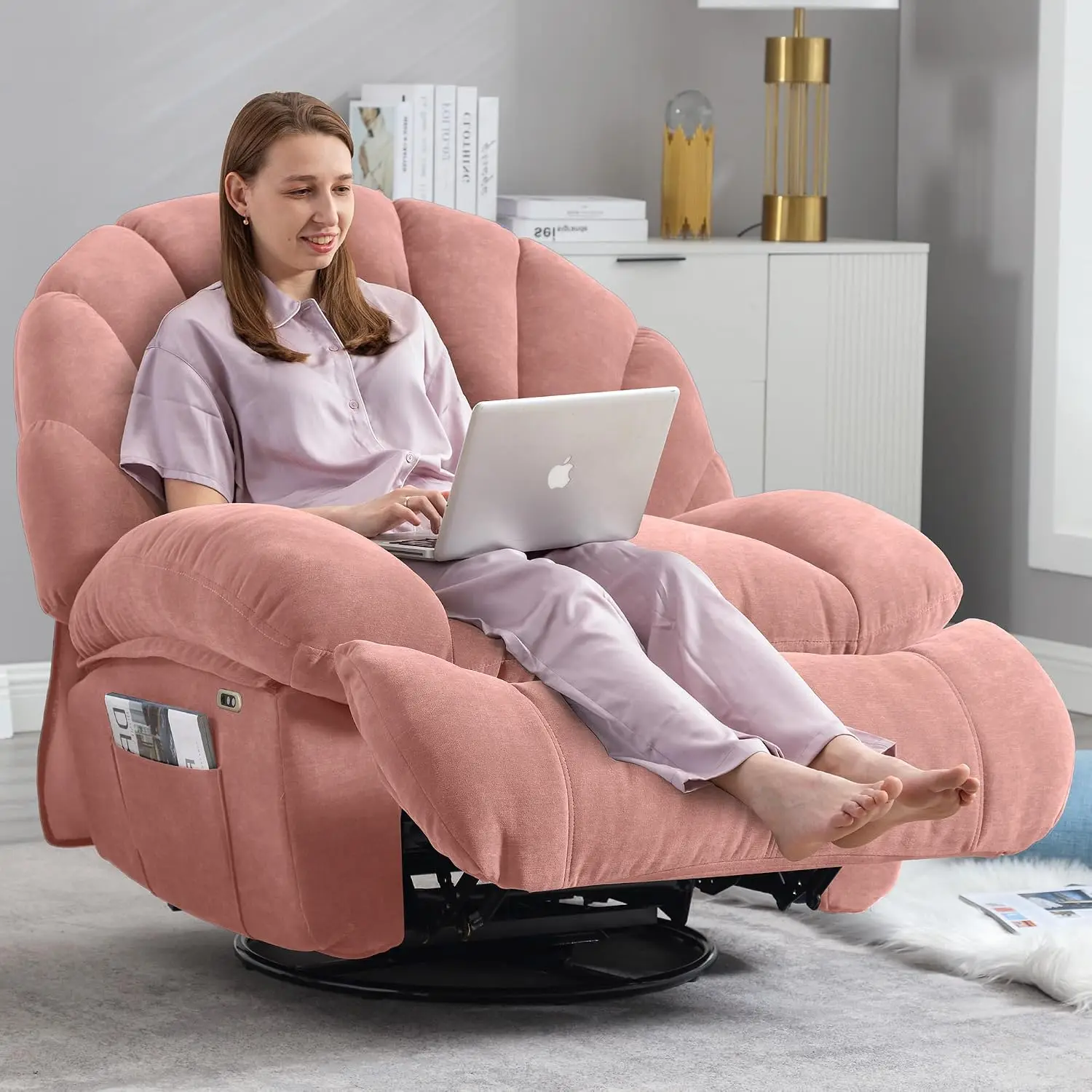 Soft Fabric Shell Recliner Chair with Storage, 360 Swivel Single Sofa for Adults Living Room Bedroom, Customized