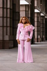 Pink Women Suit Pants Set 2 Piece Wedding Blazer+Wide Leg Trouser Prom Dress Formal Office Lady Off Shoulder  Jacket Coat Tailor