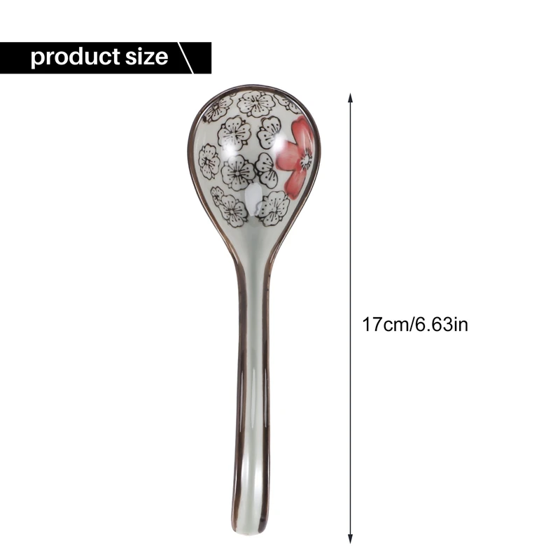 ABXF-4 قطع ملاعق أرز صينية كلاسيكية آسيوية مقبض منحني ملعقة شوربة رامين ملاعق زهور مطلية بمقبض طويل