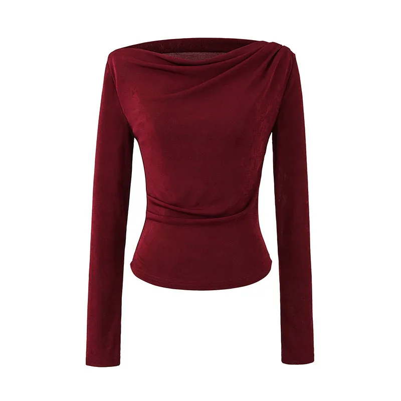 HKSH Autunno Nuove Donne Alla Moda T-Shirt Manica Lunga Pieghettato di Colore Solido Slim Fit Temperamento High Street Elegante Basic Magliette E Camicette HK10553