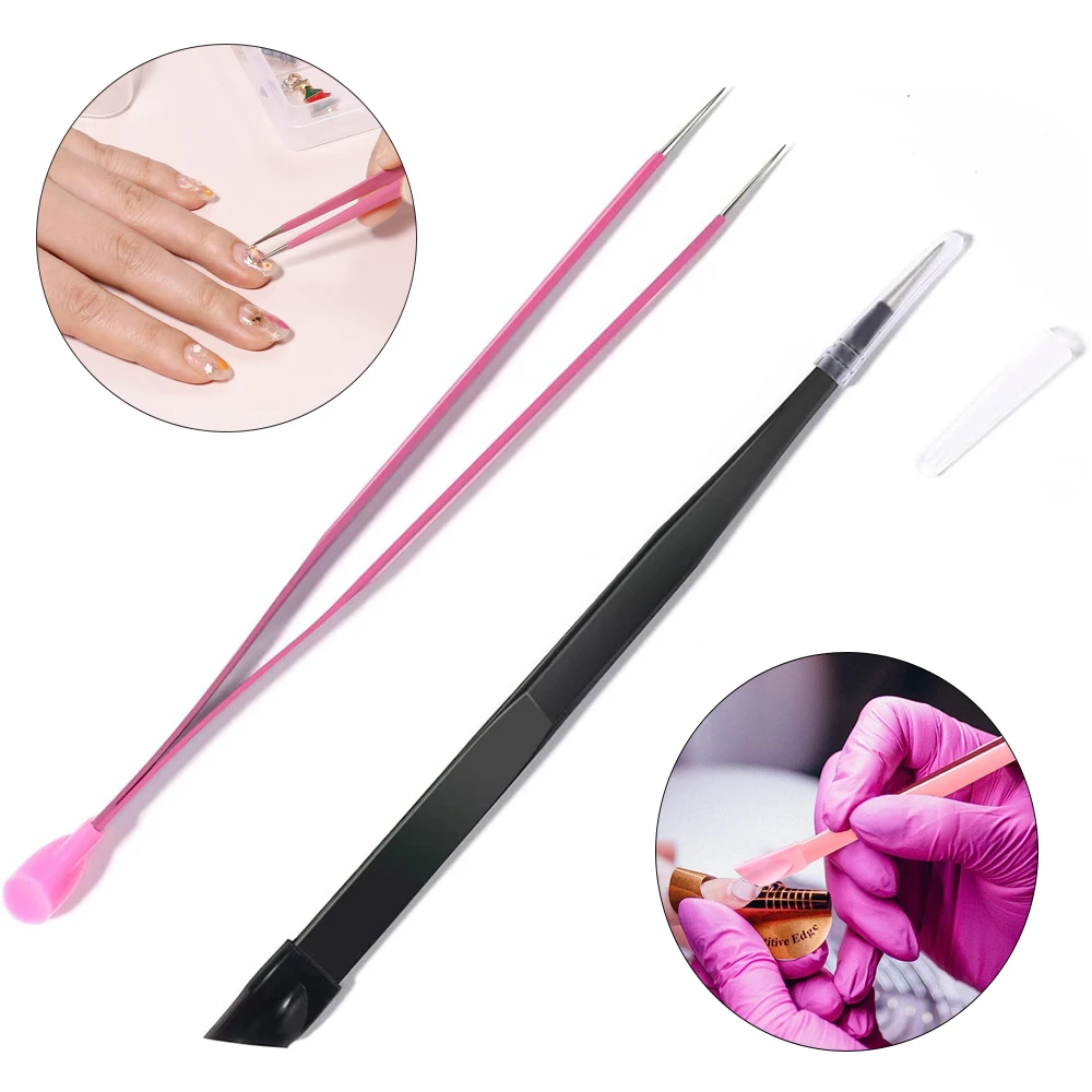 

1PC Stainless Steel Nail Tweezers Probe Tips Metal Tweezers Silicone Pressing Head for Nail Art Rhinestones Sticker Picker Tool