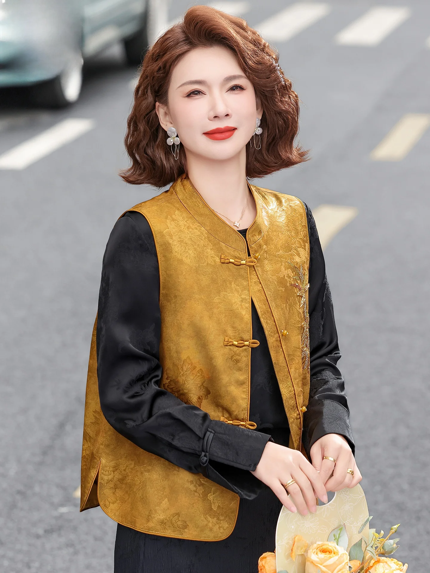 

Romon Fashionable Mom Early Spring Short Printed round Neck Sleeveless Open Cardigan mid Aged Women Spring Autumn Outerwear