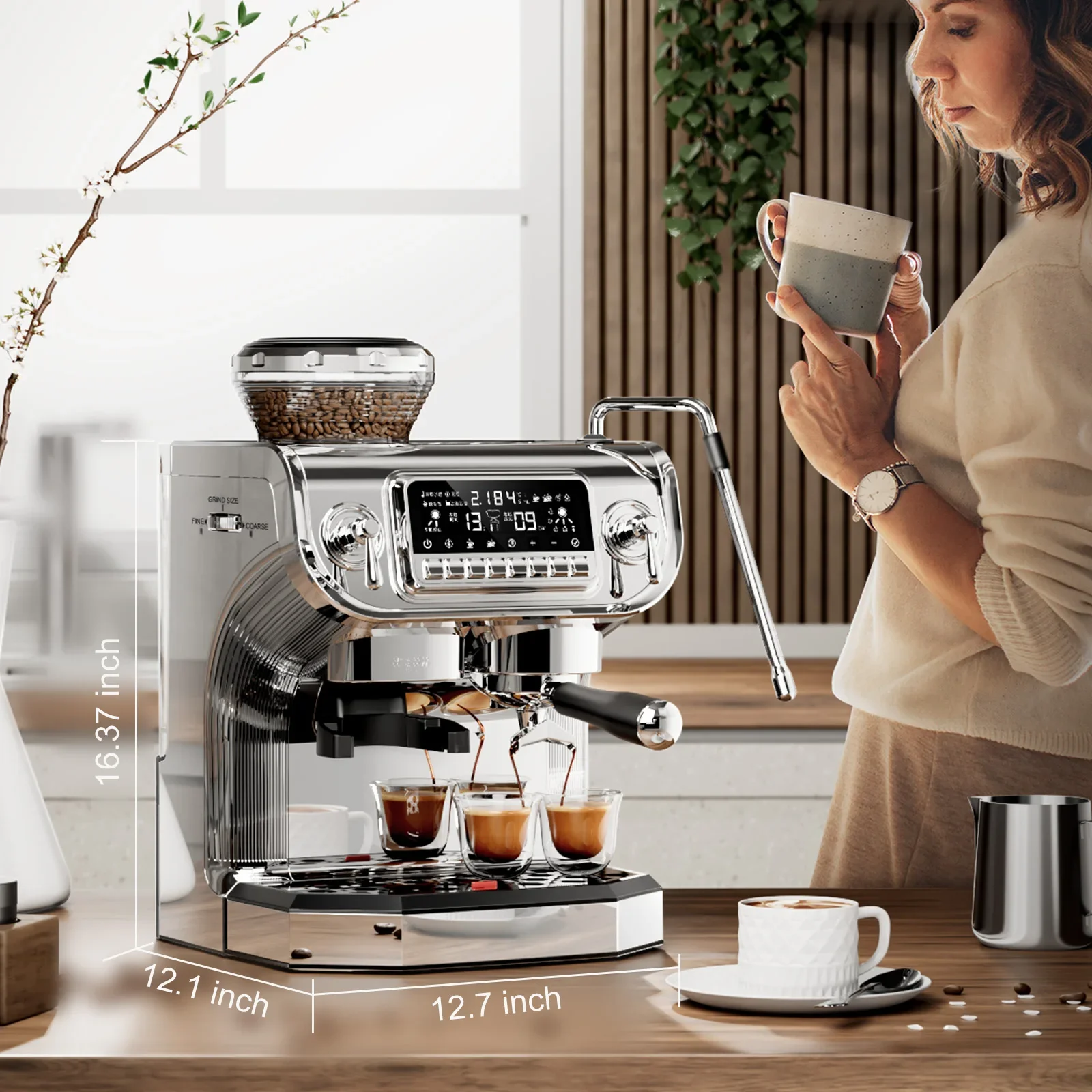 New 15 Bar Pump Electric Coffee Maker Manual Espresso Machine With Grinder