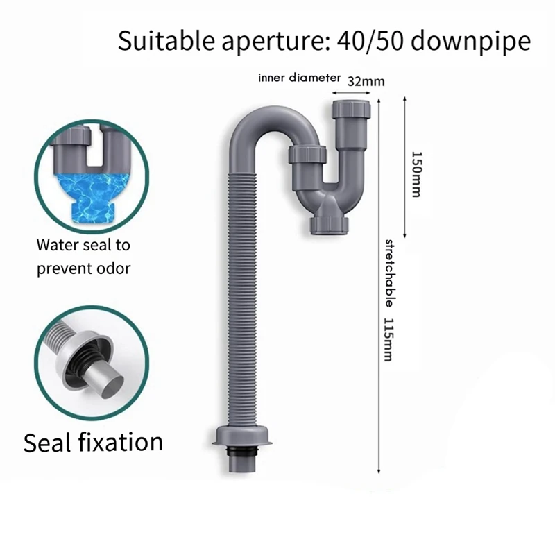 AAAN-1 Kit tubo di scarico per lavello da cucina da 1/4 di pollice con tappo di pulizia Anti-odore, tubo di scarico flessibile a forma di U Prevenzione del riflusso