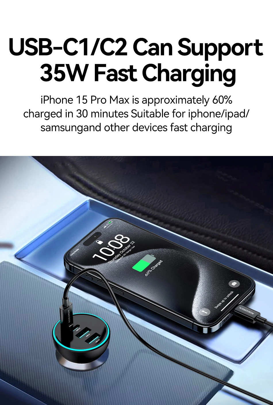 Rocoren 4-in-1 USB-C-Autoladegerät, 70 W, schnelles Aufladen, USB-Typ-C-Autoladegerät, PD QC4.0, Autoladegerät-Adapter für iPhone, Xiaomi, Samsung – Detail 6
