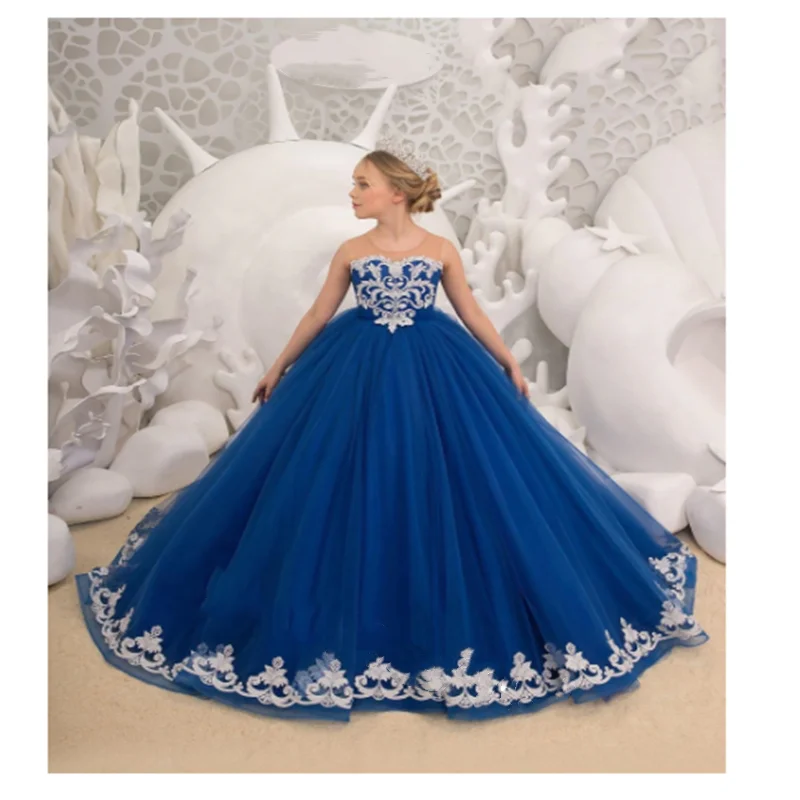 Flower Girl Dresses Royal Blue Puffy  Long Princess Dress Lace Girl Birthday Party Dress Girl Dress for Wedding Communion Custom