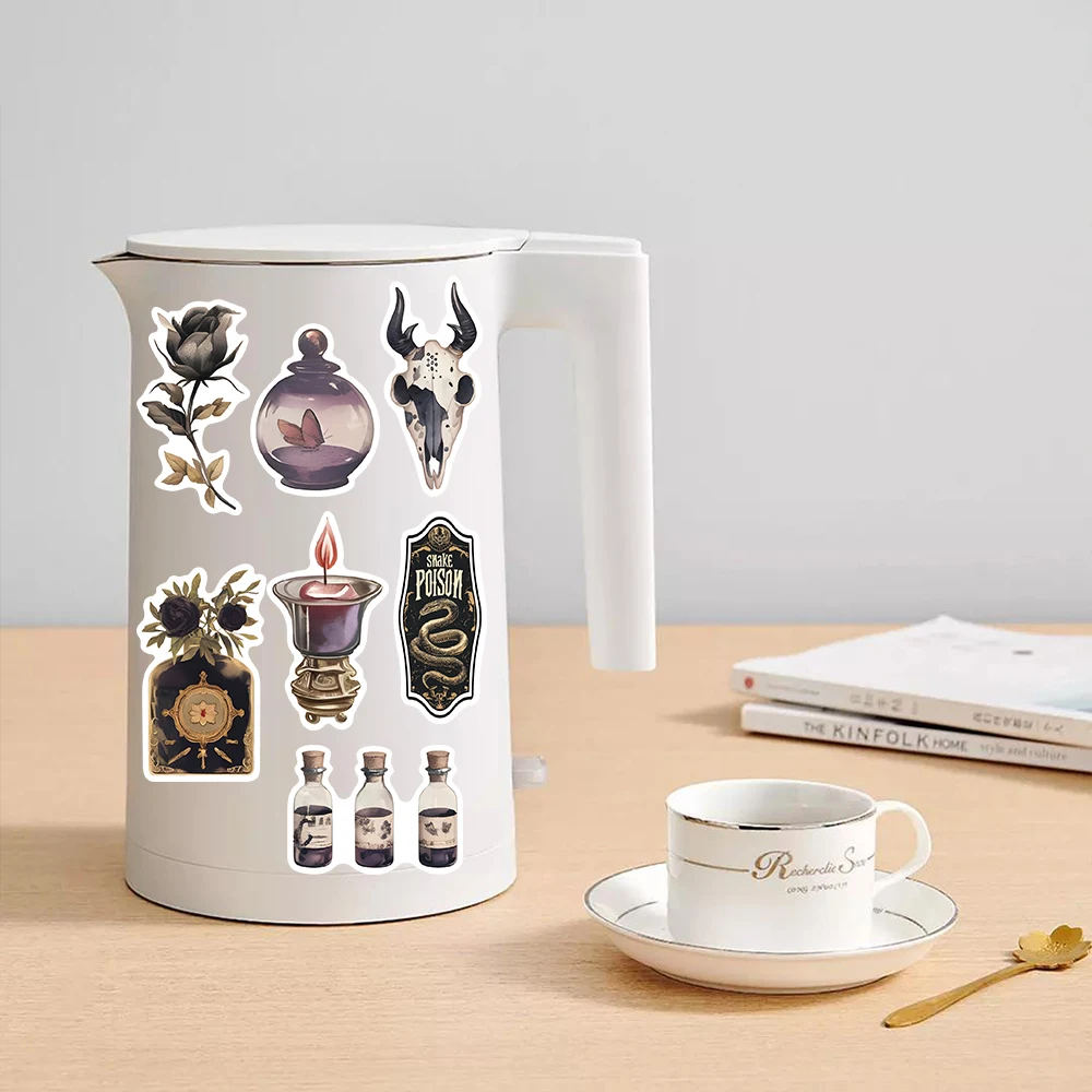 100 pièces mystérieux rétro foncé esthétique Art autocollants personnalisé fleur crâne Potion bouteille autocollants papillon corbeau bricolage cadeau