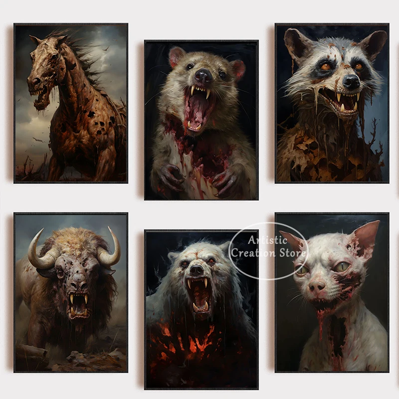 Undead Animals Canvas Painting Prints HD Wall Pictures The Horrible Wolf Rot Fox Cat Scary Animals Wall Bar Room Decor Gifts