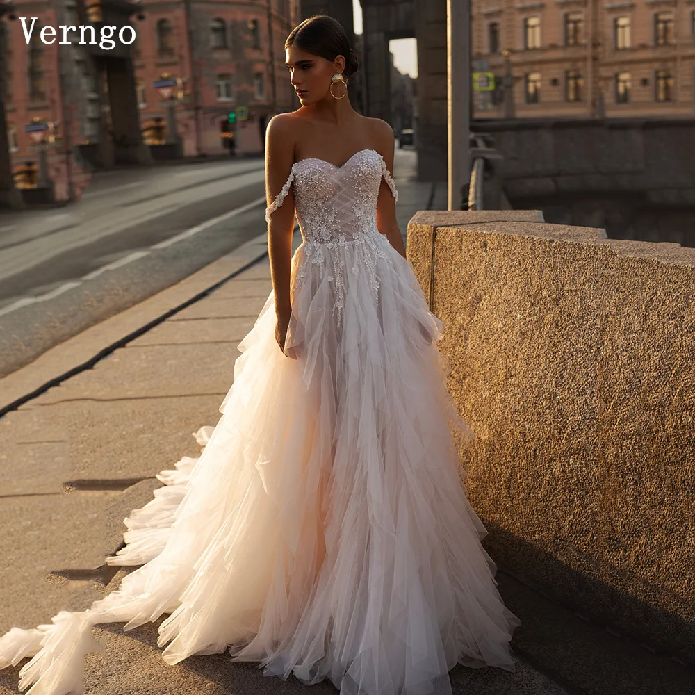 

Verngo Appliques A Line Tulle Wedding Dress Off The Shoulder Pleat Sweap Train Bridal Gowns Elegant Prom Bride Dress Customized