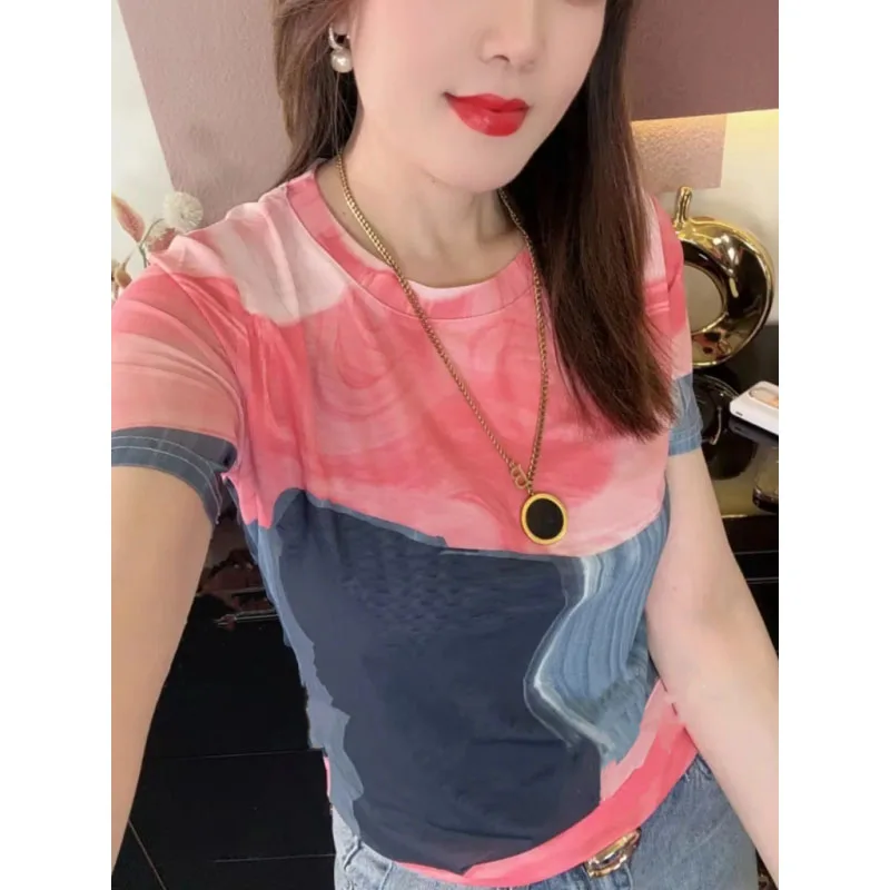 Chinese Style 2024 Summer New Women\'s Crew Neck Printed Tie Dye All-match Slim Classic Ice Silk Fabric Short Sleeve T-shirt Tops