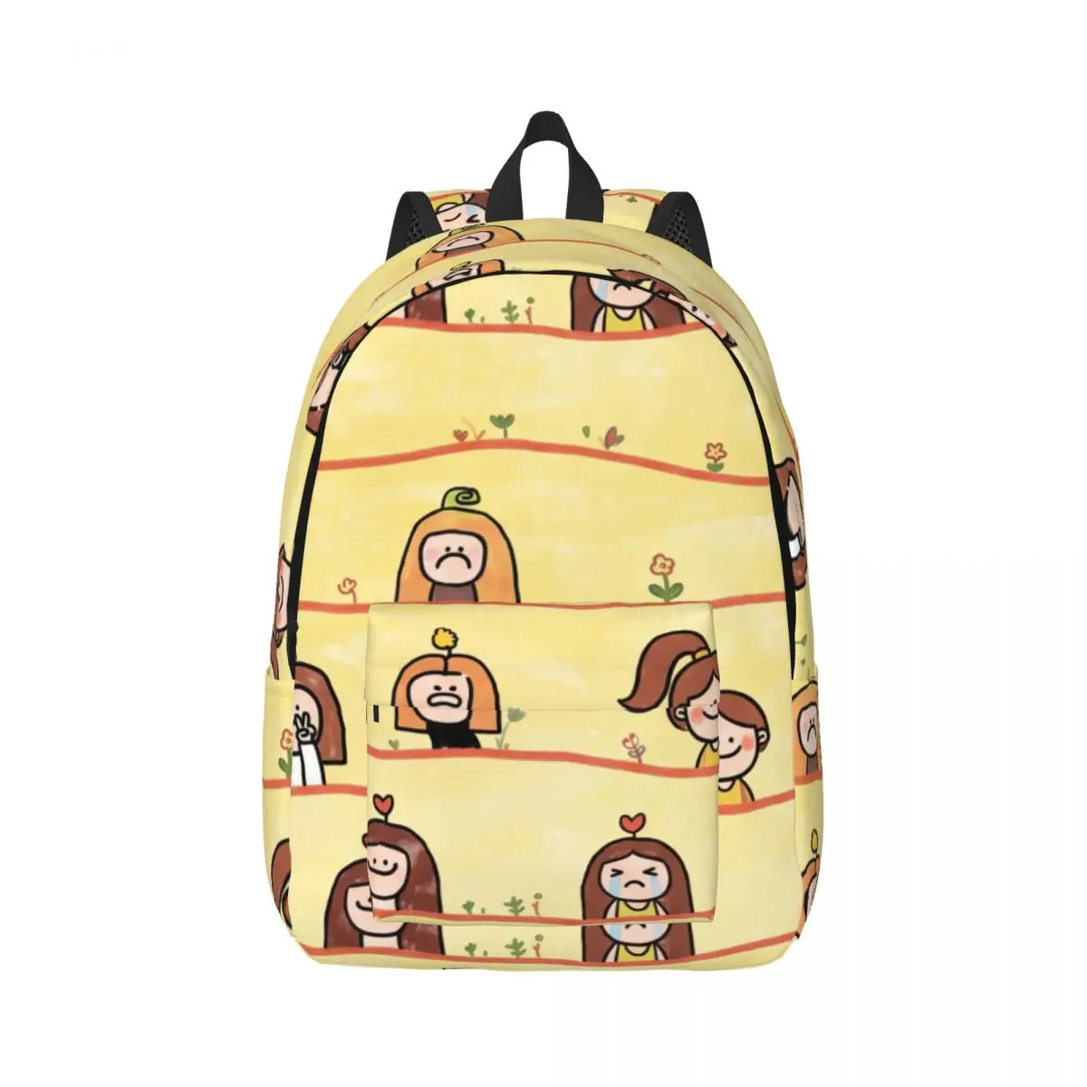 Manga Aesthetic Backpack Allover Cartoon Character Whimsical Cute Yellow Multi Comic Bookbag for Teens College Travel Cosplay