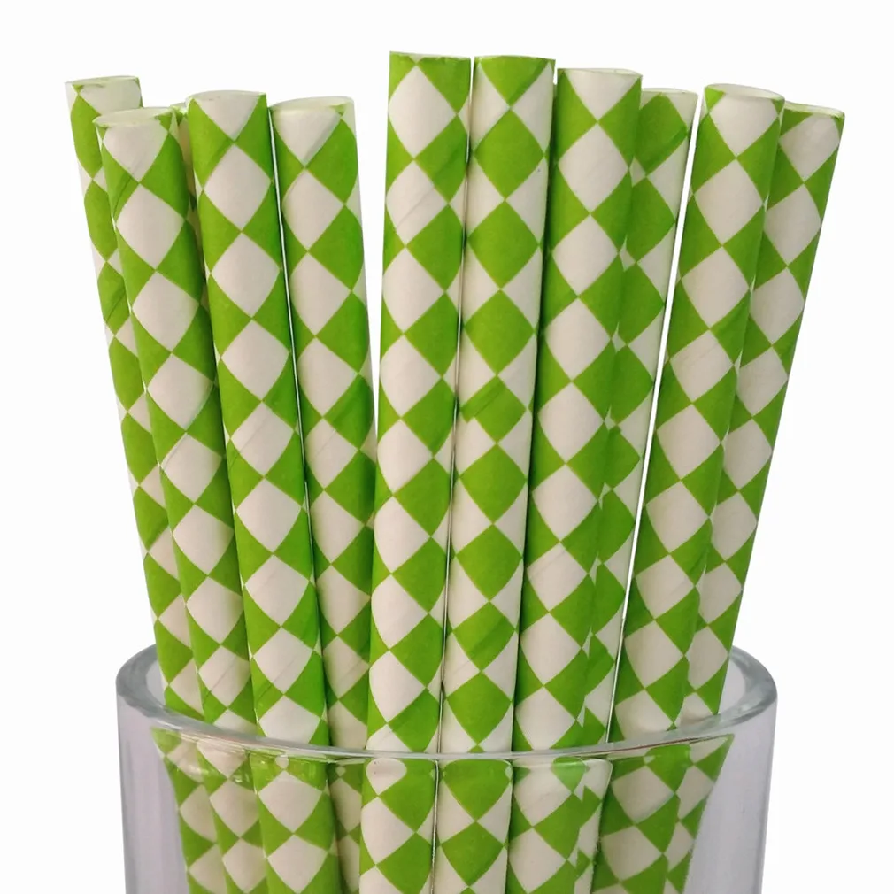 Retro Decorative Paper Straws, Biodegradable, Old Fashioned, Lime Green, Harlequin Diamond, Drinking, Cake Pop Sticks, 100 Pcs