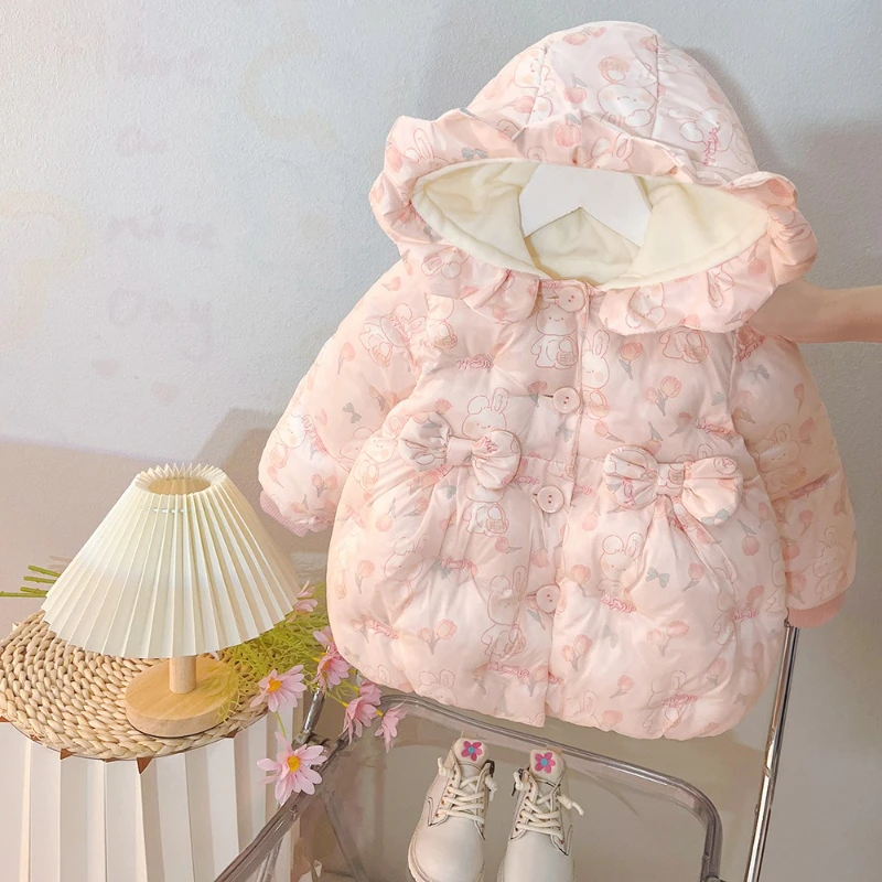 Girls' Winter New Style 2025 Cute Butterfly Knot Broken Pollen Color Hoodie Thickened Warm Cotton Jacket