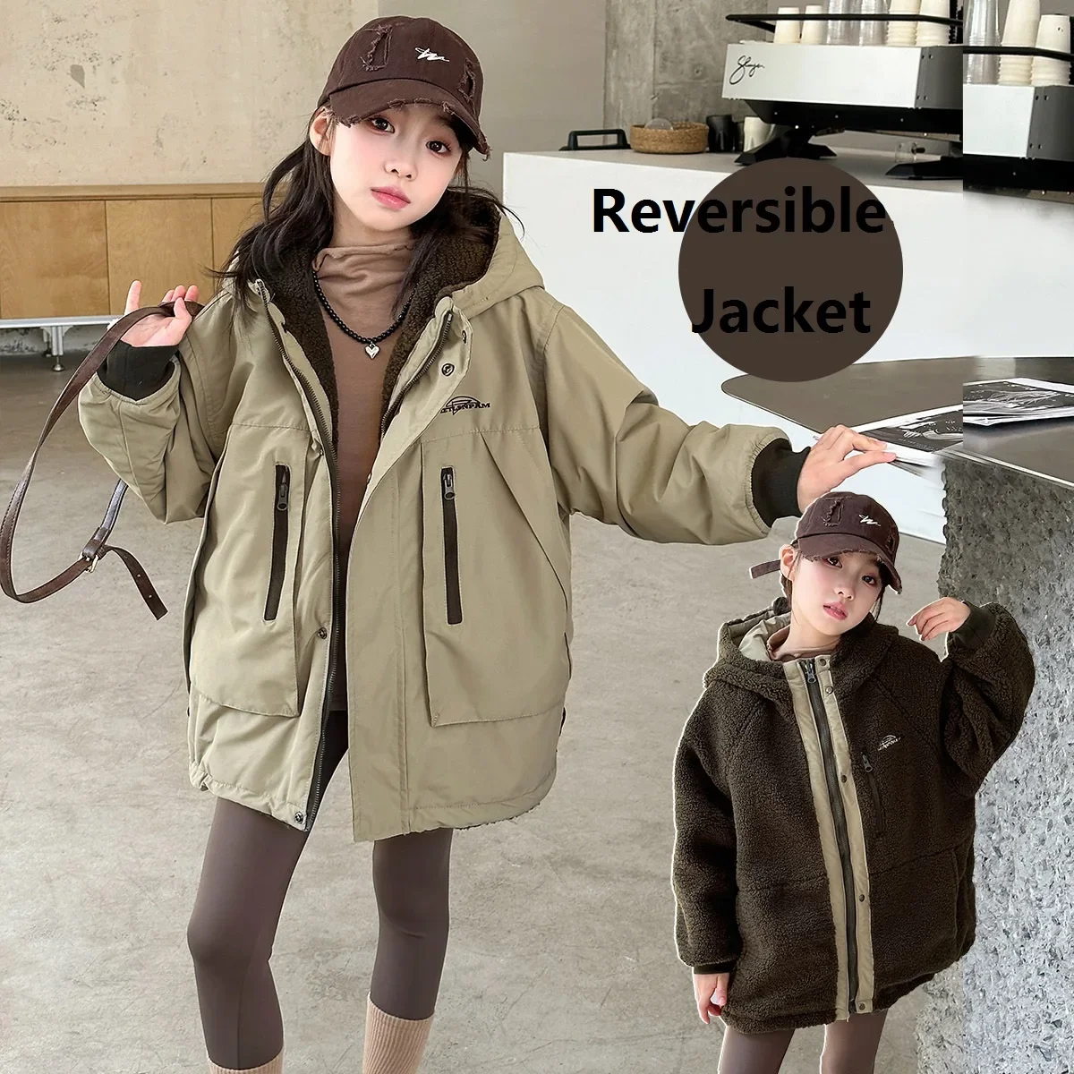 Winter Warm Girls Boys Hooded Zip Track Reversible Jackets School Kids Thick Fleece Coat Top Children Outfit Windbreaker 5-16 Yr