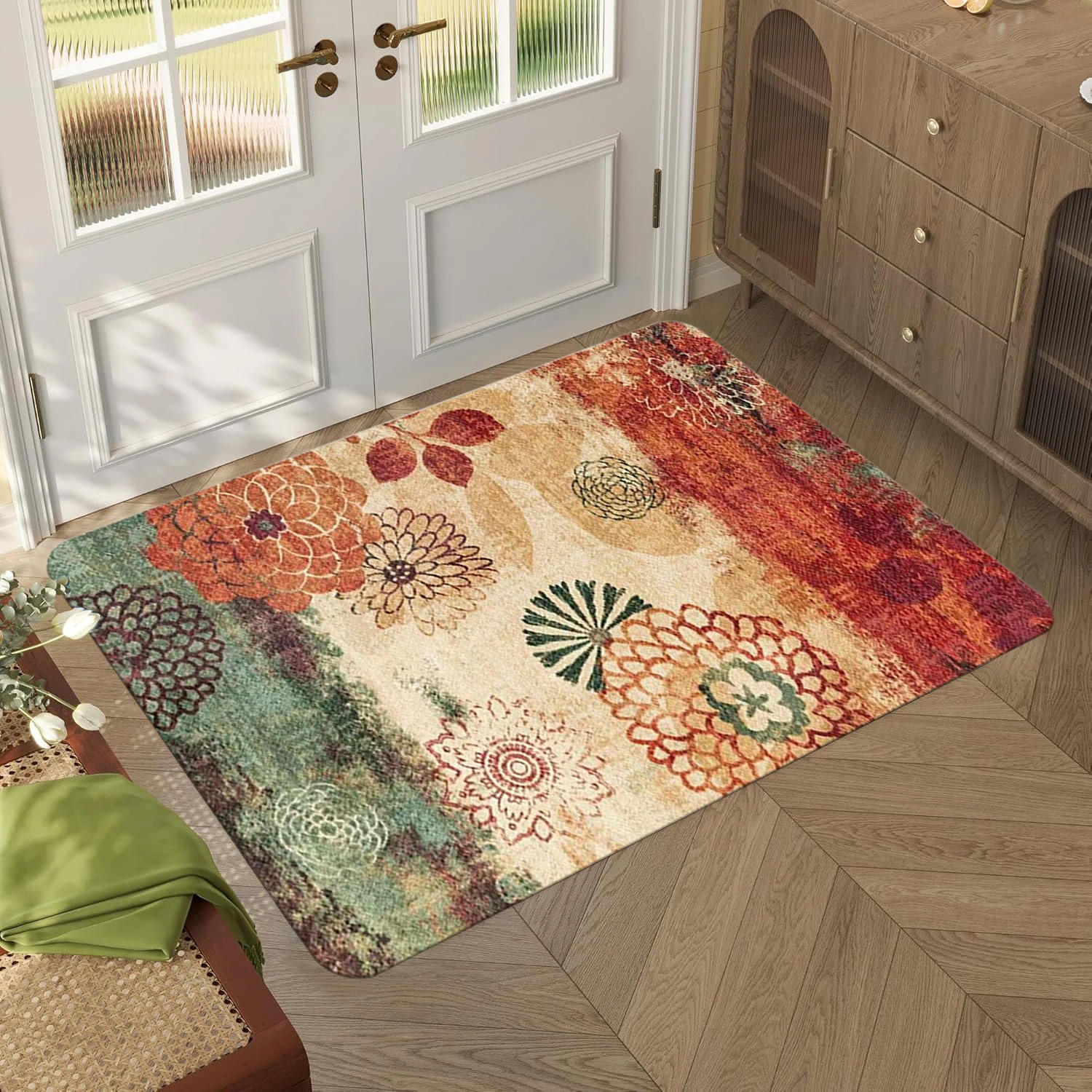 

Floral Print Anti-Fouling Bohemian Bedroom Rug, Ac Dc Living Room Sofa Doormat, Bathroom , Entrance , Retro Ultra Anti-Slip Mat