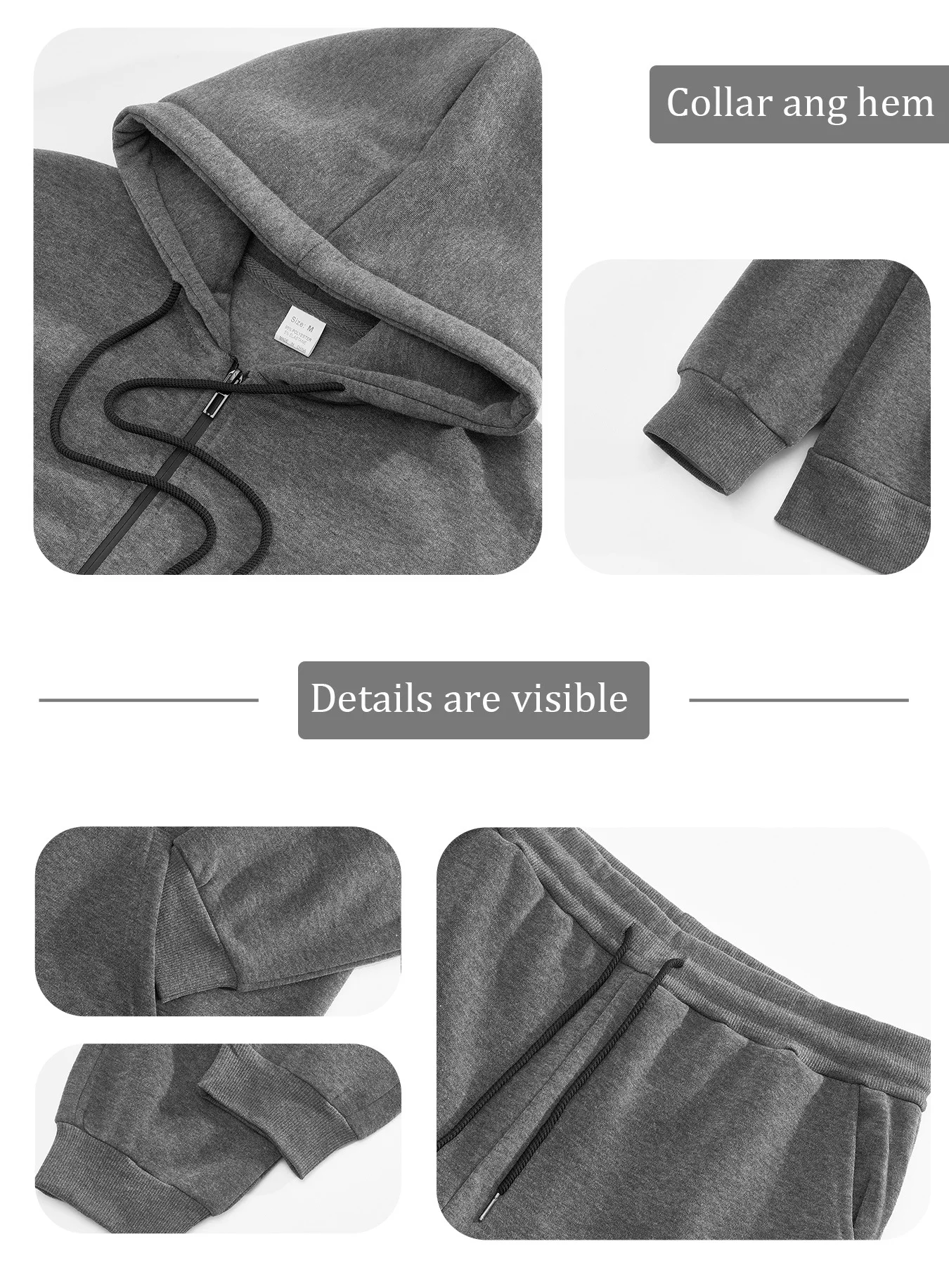 Herbst-Winter Herren Fleece Zweiteiler Set Einfarbiger Zip-Hoodie Jogginghose Warme Freizeitkleidung Locker Sitzender Täglicher Trainingsanzug – Detail 11