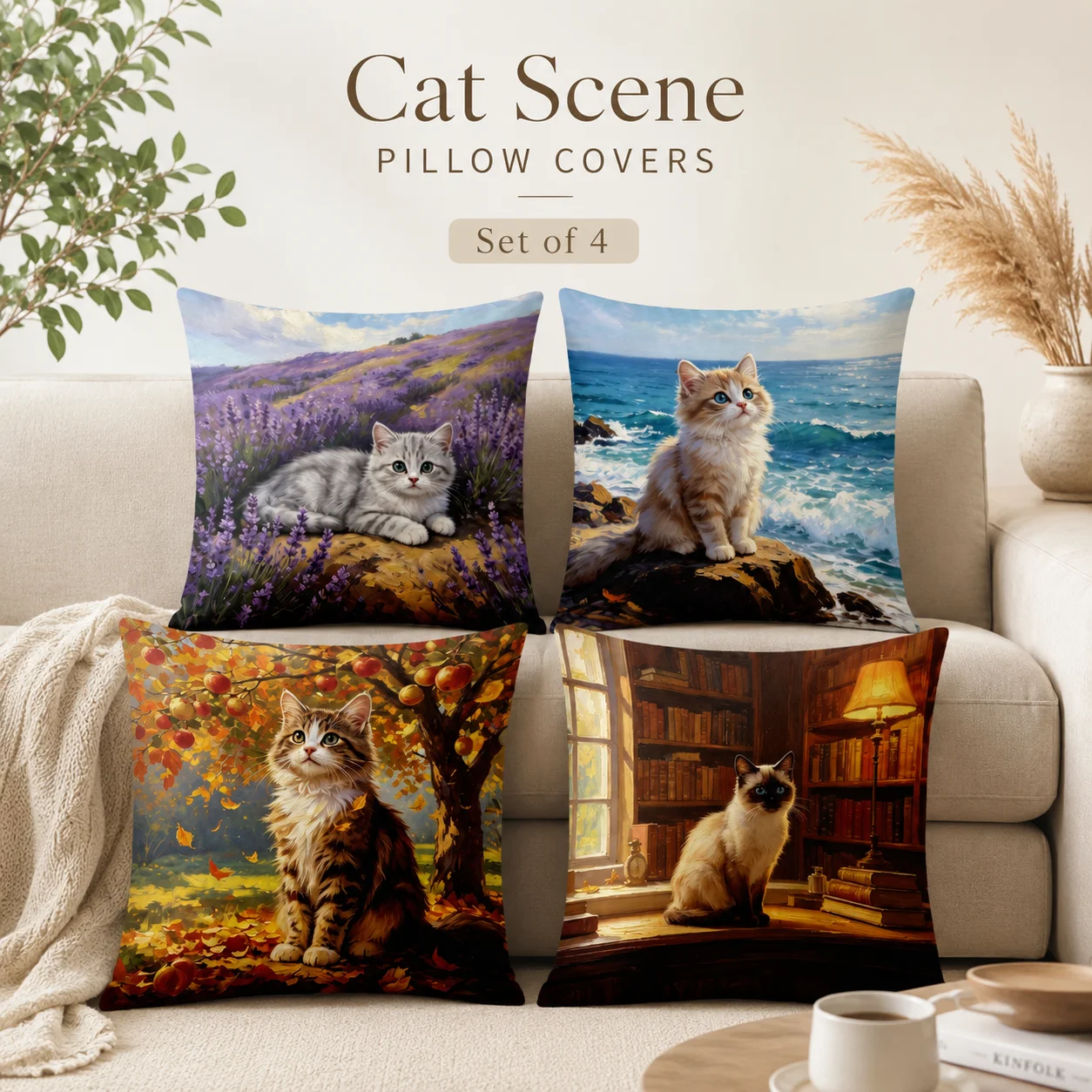 

Cat Scene Cushion Covers 4PCS Set 2D Flat Printed Peach Skin Artistic Pet Pillow Covers Coussin Room Decor For Sofa Home