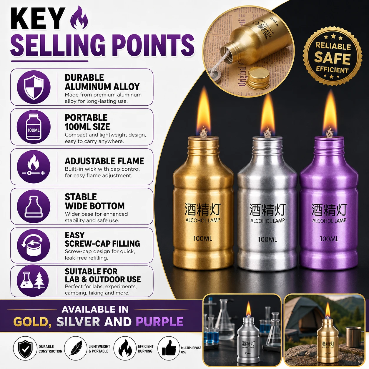 1-3Pcs 100ml Alcohol Burner Lamp Bottle, Aluminum Alloy Portable Stove for Camping Hiking, Lab Tool, Picnic & Survival Gear