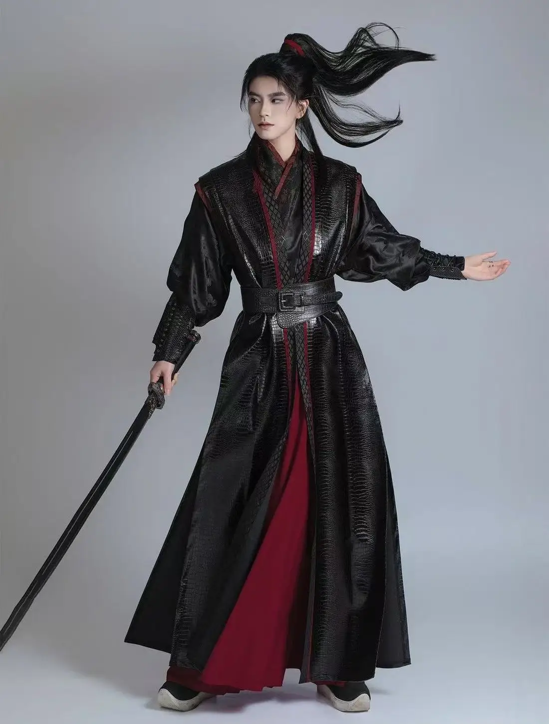 Dark Black Red Upgraded Hanfu Cool Men Women PU Leather Long Robe Halloween Comics Event Night Hero Coplaly Costume Street Suit
