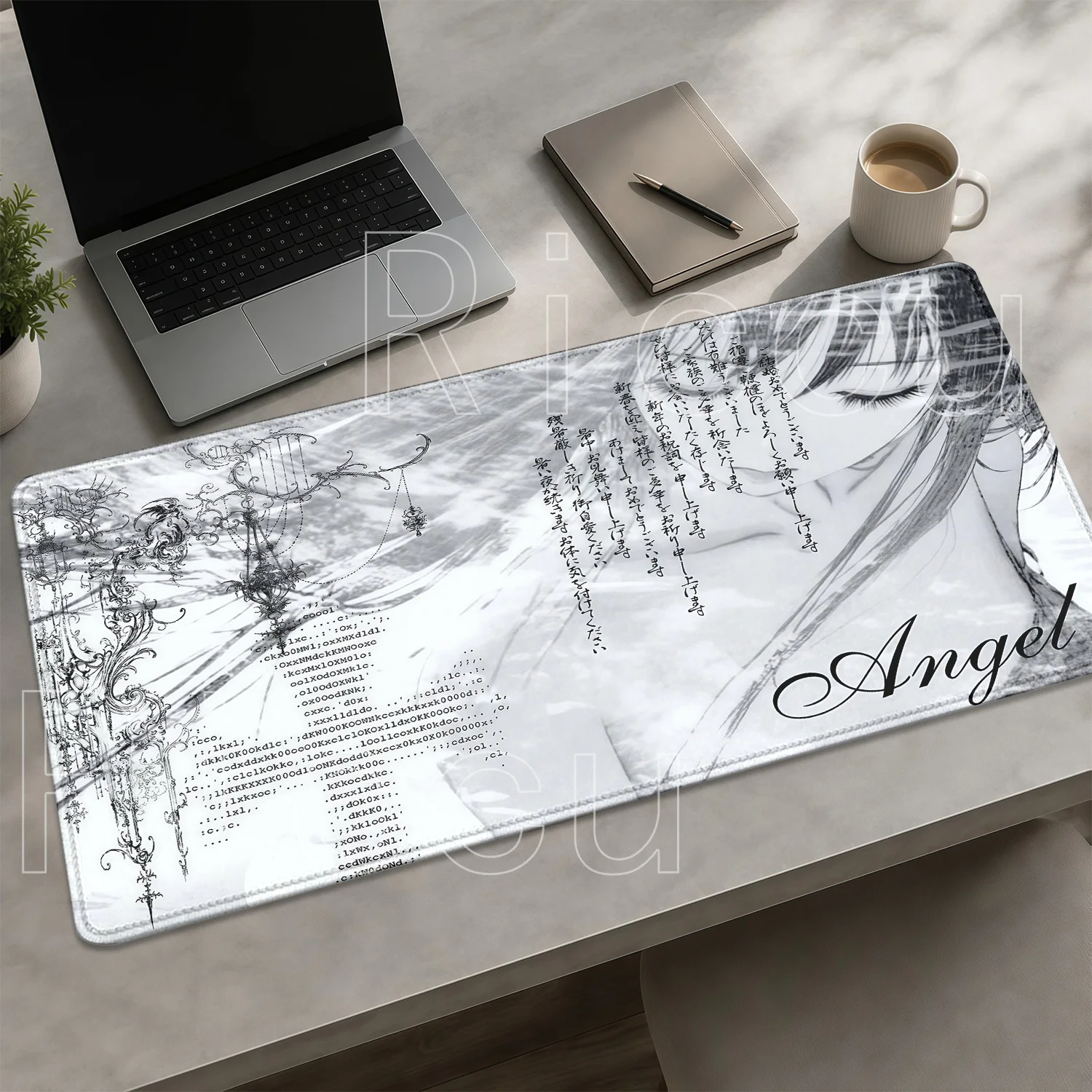 Black White Anime Aesthetics Angel Girl Mouse Pad Office PC Gaming Keyboard Mousepad E-Sports HD Printing Non-slip Base Desk Mat
