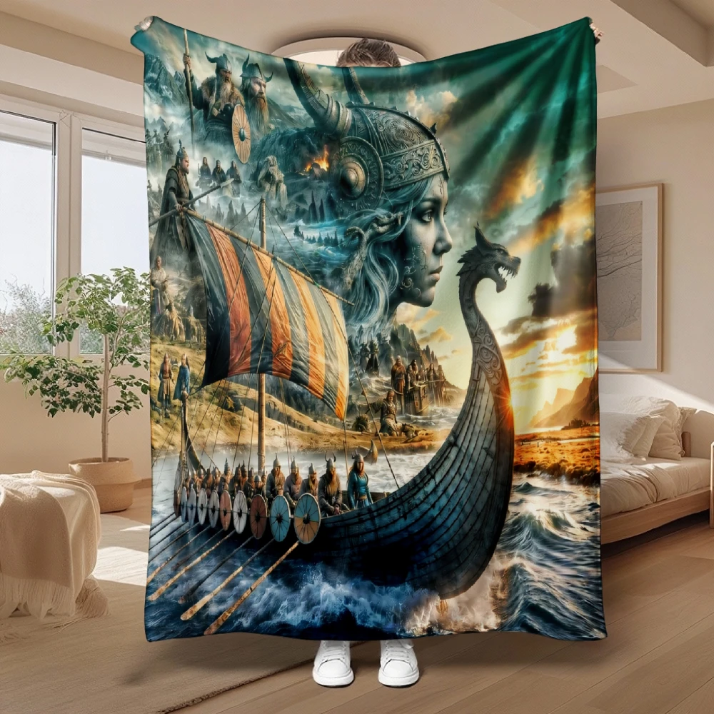 Viking Warrior And Dragon Ship, Gift for History Lovers, Blanket, Soft Cozy Home Decor, Multi-Purpose Throw, Warm Comfort