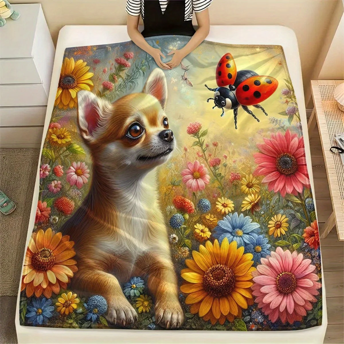 Chihuahua Puppy Pattern Flannel Dorm Office Nap Blanket, Printed Blanket, Gift for Friends Flannel Blanket, Soft and Warm Blanke