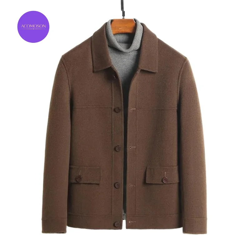ACOMOSON Luxury Quality EU US Size Men Wool Coat Double-Sided Autumn Winter Button Up 2 Lower Pockets Plush Car Coat